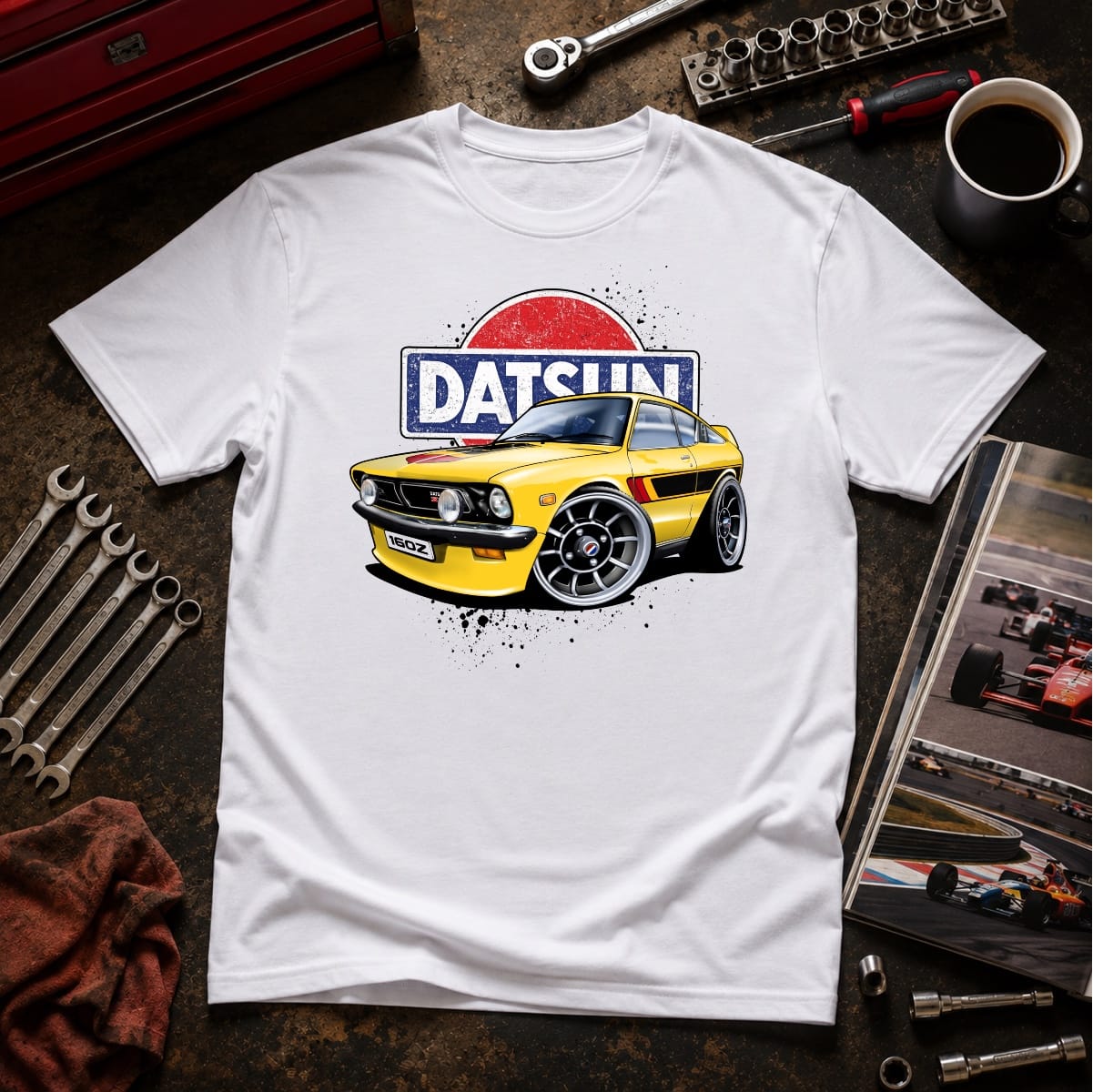 Datsun 160Z Classic Coupe T-Shirt featuring custom retro Japanese car artwork on flat lay T Shirt