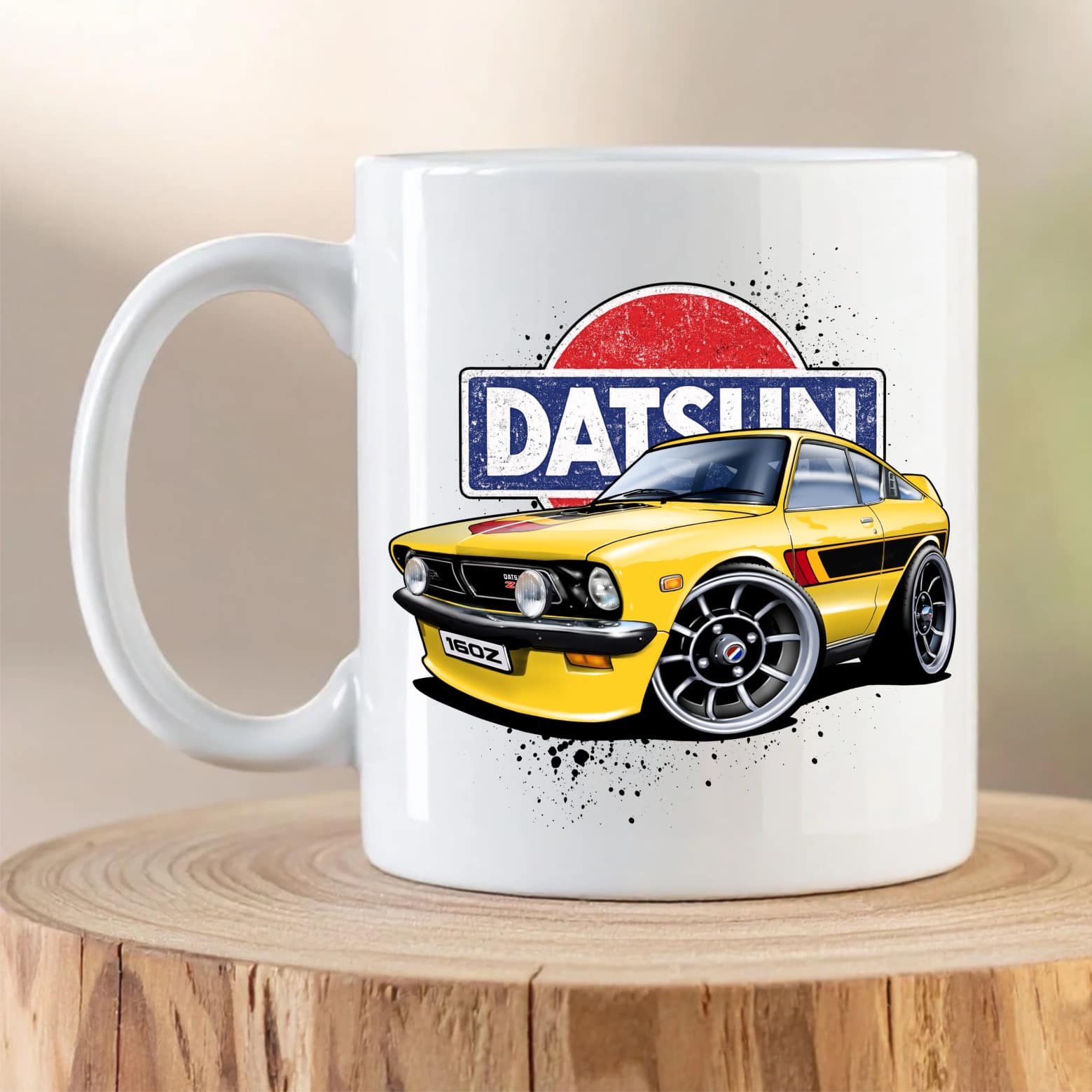 Datsun 160Z Classic Coupe Coffee Mug featuring custom retro Japanese car artwork