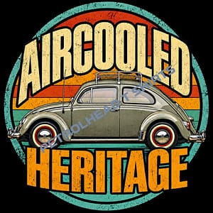 Vintage-style Volkswagen Beetle T-Shirt design featuring a classic air-cooled VW Beetle and retro Aircooled Heritage artwork.