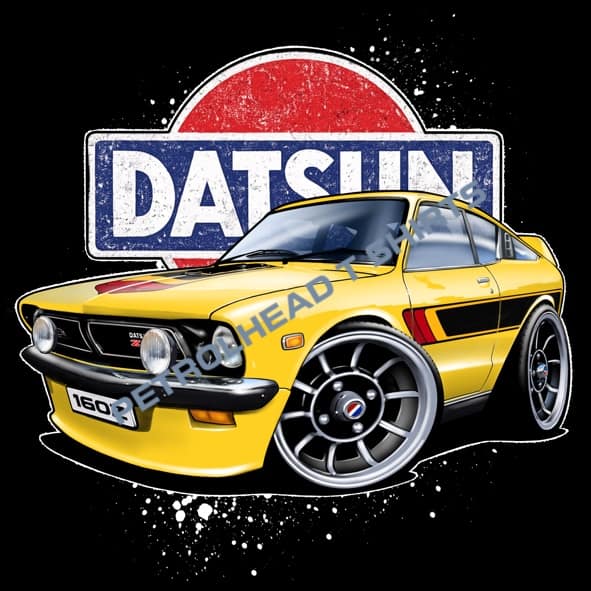Datsun 160Z Classic Coupe T-Shirt featuring custom retro Japanese car artwork