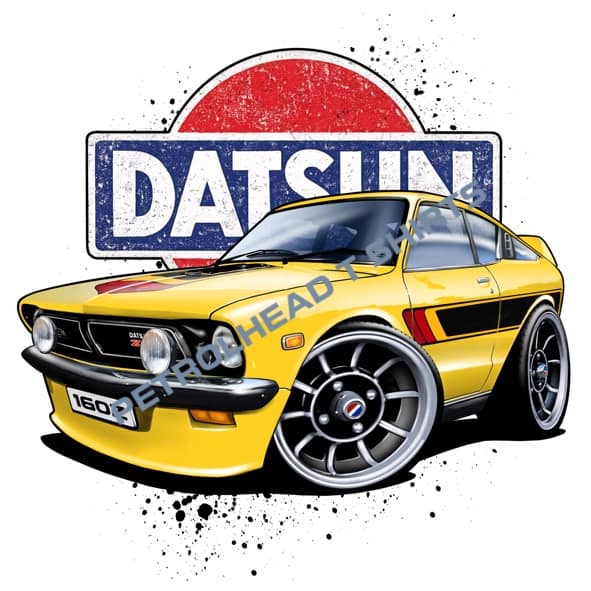 Datsun 160Z Classic Coupe T-Shirt featuring custom retro Japanese car artwork
